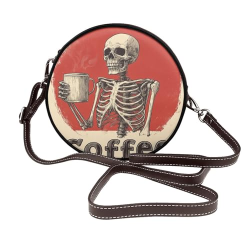 Skeleton Holding Coffee Damen Runde Umhängetasche Leder Sling Bag Geldbörse von Woshuwo