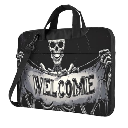 Skelett Willkommensbanner Horror gruselig dunkel Laptoptasche Laptoptasche 15,6 Zoll Computertaschen gepolsterte Hülle für Damen und Herren von Woshuwo