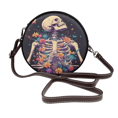 Skelett mit Blumen für Damen, runde Umhängetasche, Leder, Schultertasche von Woshuwo