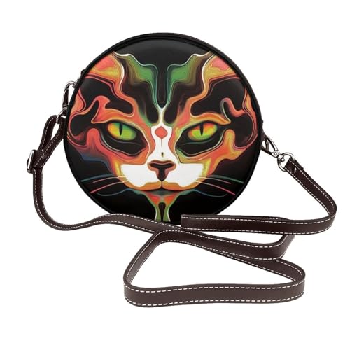 Surreal Damen Umhängetasche mit Katzengesicht, rund, Leder, Schultertasche von Woshuwo