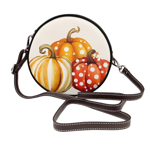 Three Pumpkin Damen-Umhängetasche, rund, Leder, Schultertasche von Woshuwo
