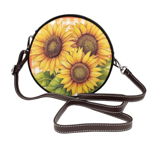 Three Sunflowers Damen-Umhängetasche, rund, Leder, Schultertasche von Woshuwo