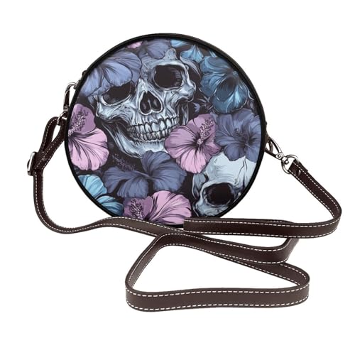 Totenköpfe und Hibiskusblumen für Damen, rund, Umhängetasche, Leder, Schultertasche von Woshuwo