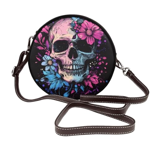 Totenkopf mit Blumen für Damen, rund, Umhängetasche, Leder, Schultertasche von Woshuwo
