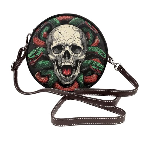 Totenkopf mit mehreren Schlangenköpfen für Damen, runde Umhängetasche, Leder-Tragetasche, Geldbörse von Woshuwo