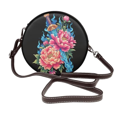 Traditionelle Katana Umhängetasche mit Pfingstrosen, rund, Leder, Schultertasche von Woshuwo
