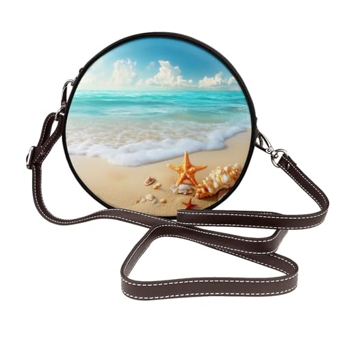 Tropical Beach Golden Sand Muscheln Seestern Damen Runde Umhängetasche Leder Sling Bag Geldbörse von Woshuwo