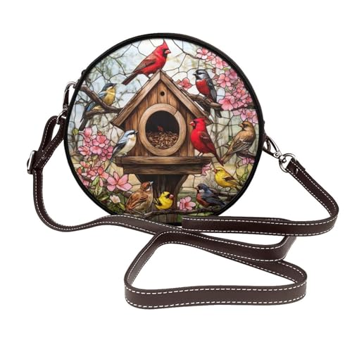 Umhängetasche aus Buntglas, Holz, Hüttenvögel, rund, Leder, Schultertasche von Woshuwo