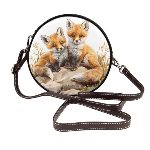 Vintage Aquarell Drei Füchse Frauen Runde Umhängetasche Leder Sling Bag Geldbörse von Woshuwo