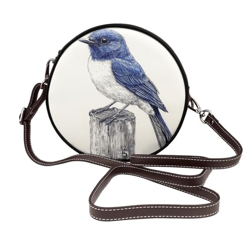 Vintage Bluebird On Fence Post Damen Runde Crossbody Taschen Leder Sling Bag Geldbörse von Woshuwo