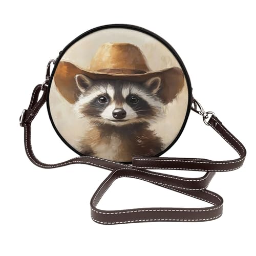 Vintage Waschbär mit Cowboyhut Damen Runde Umhängetasche Leder Sling Bag Geldbörse von Woshuwo