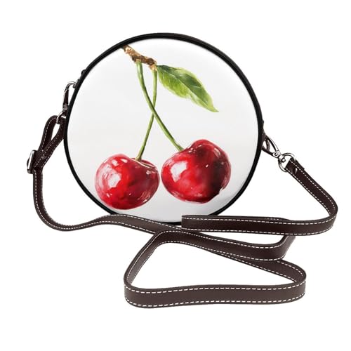 Watercolor Cherry Damen-Umhängetasche, rund, Leder, Schultertasche von Woshuwo