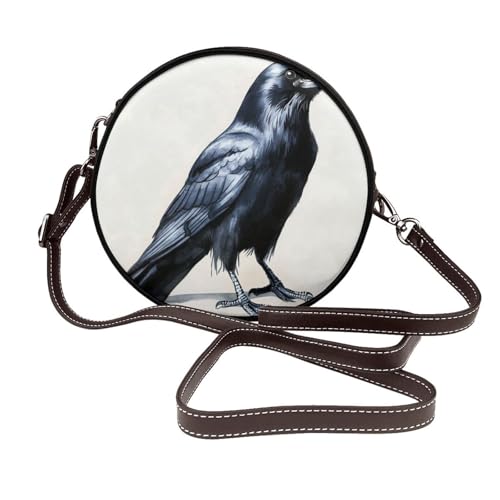 Watercolor Raven Damen-Umhängetasche, rund, Leder, Schultertasche von Woshuwo