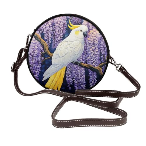 Weiße Kakadu Damen-Umhängetasche, rund, Leder, Schultertasche von Woshuwo