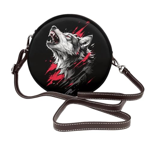 Wolf Howling Damen-Umhängetasche, rund, Leder, Schultertasche von Woshuwo
