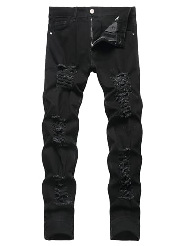 Woskrge Herren Slim Fit Stretch Jeans Ripped Distressed Straight Leg Fashion Black Pants, Ripped Black, 46 von Woskrge