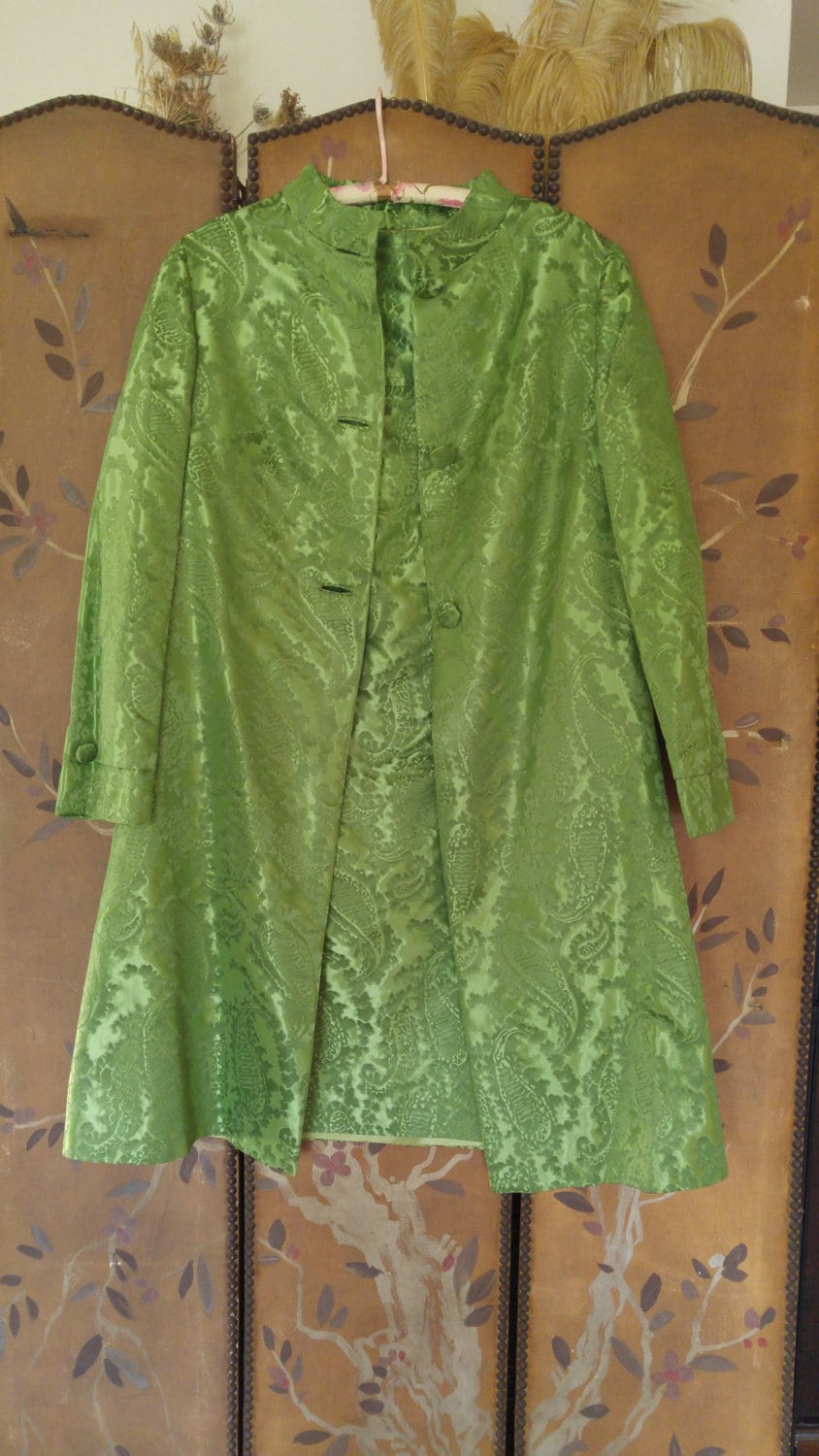 60Er Jahre Grünes Paisley Sateen Kleid Und Mantel Set, Handgemacht von Wotsnewpussycat
