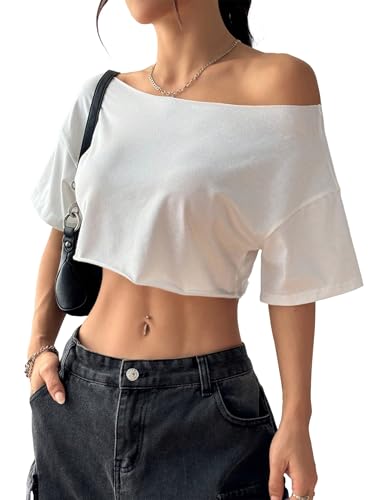 Wouueso Damen Y2k Off Shoulder Crop Tops Kurzarm Oversize T-Shirts M von Wouueso