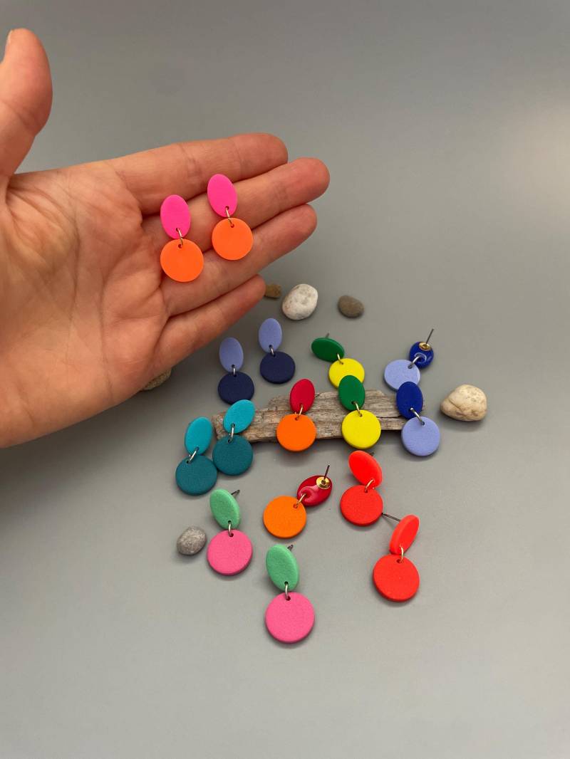 Bright Earrings Small Fancy Studs Hot Pink Neon Orange Polymer Clay Dainty Vibrant Design Jewelry Gift Stud Minimalistic von WowLookAtYou