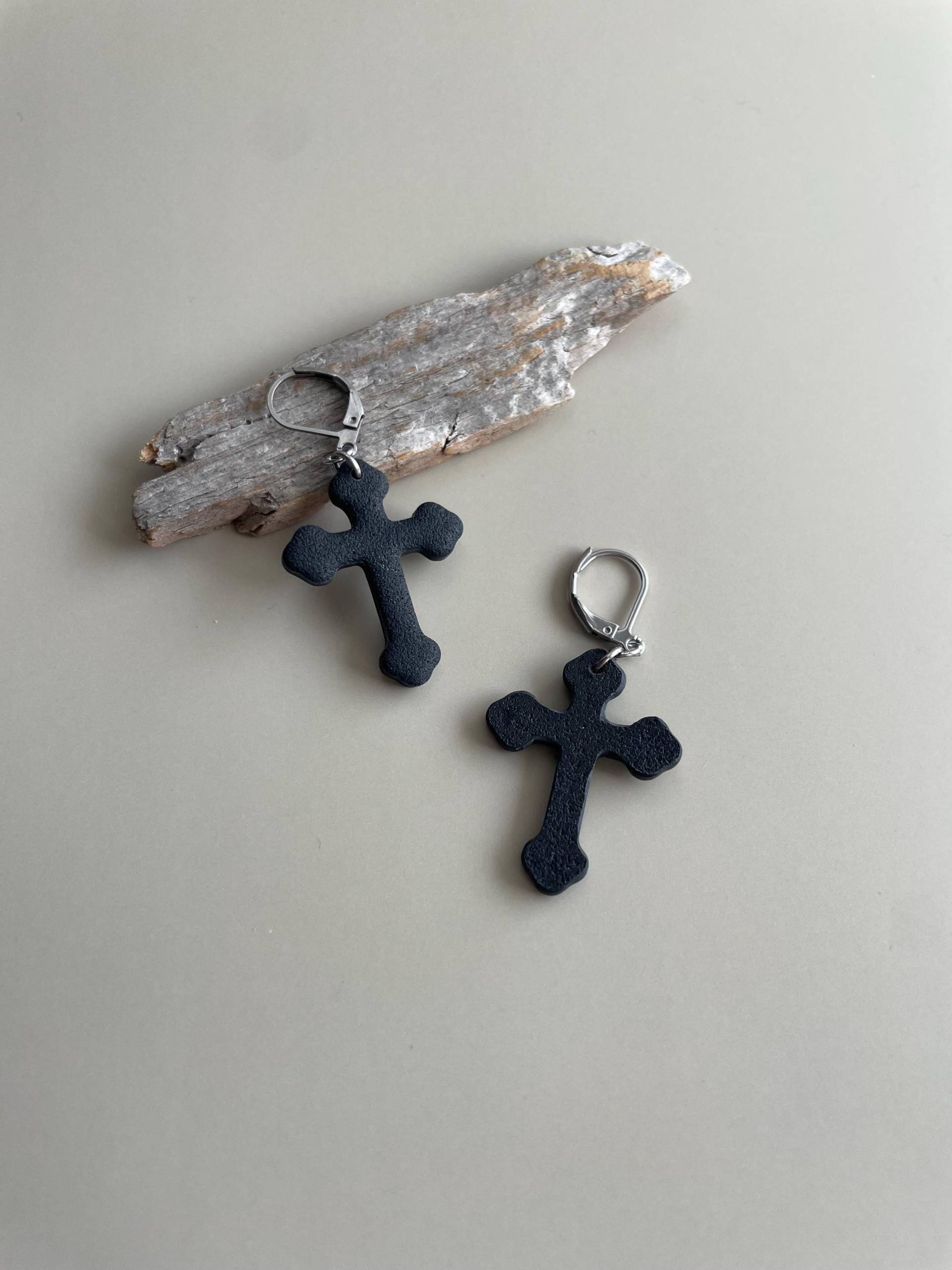 Earring Cross Black Polymer Clay Statement Earrings Hanging Crosses Gothic For Men Eye-Catching Jewelry Her Lever-Back von WowLookAtYou