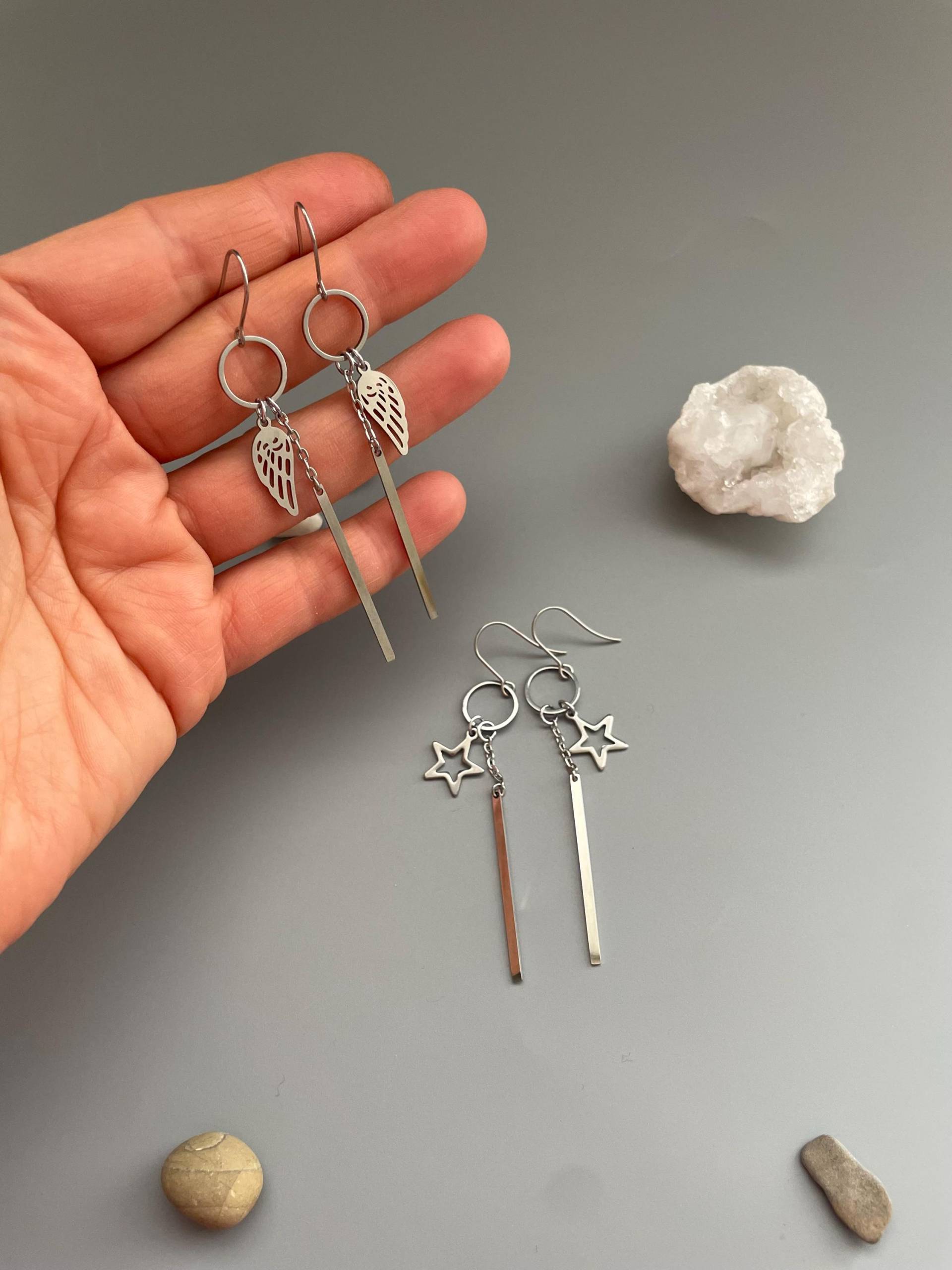 Earrings Y2K Silver Dangly Star Earrings Stainless Steel Hanging Chain Wings Lightweight Trendy For Everyday Drop Long von WowLookAtYou