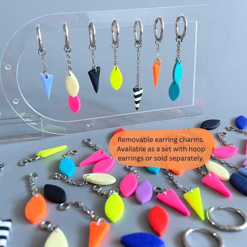 Hoop Earrings Stainless Steel With Removable Charms Of Polymer Clay Vibrant Dangly Bright Chain Eye-Catching Custom Design von WowLookAtYou