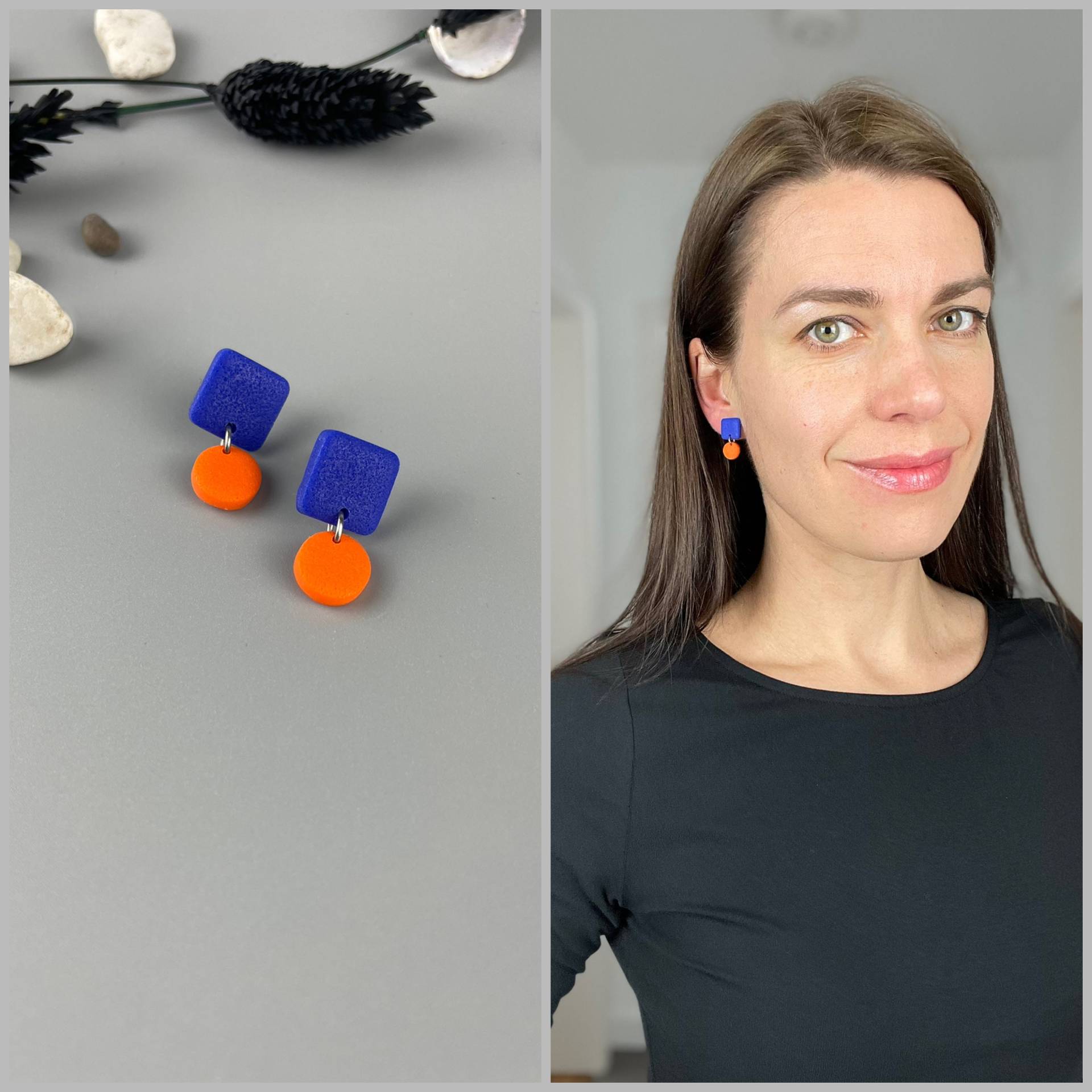 Small Geometric Earrings Royal Blue & Neon Orange For Everyday Fimo Schmuck Lightweight Colorful Vibrant Design Small Geometric Earrings Royal Blue & Neon Orange For Everyday Fimo Schmuck Lightweight Colorful Vibrant Design von WowLookAtYou