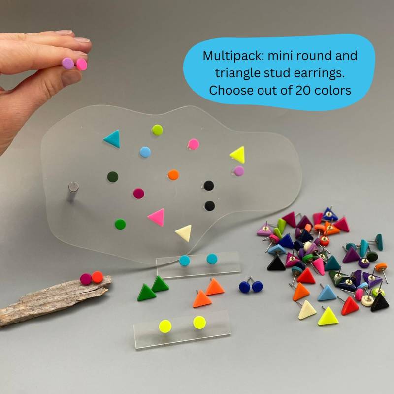 Set Of 3 Stud Earring Pairs Small Studs For Everyday Multipack Colorful Round & Triangle Polymer Clay Advent Calendar Idea von WowLookAtYou