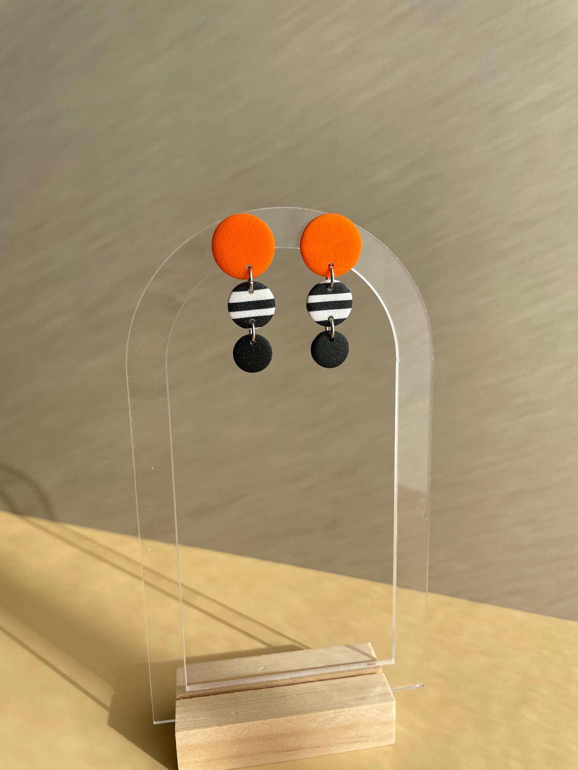 Statement Earrings Orange Polymer Clay Black White Stripes Hanging For Her Colorful Dangly Every Day von WowLookAtYou