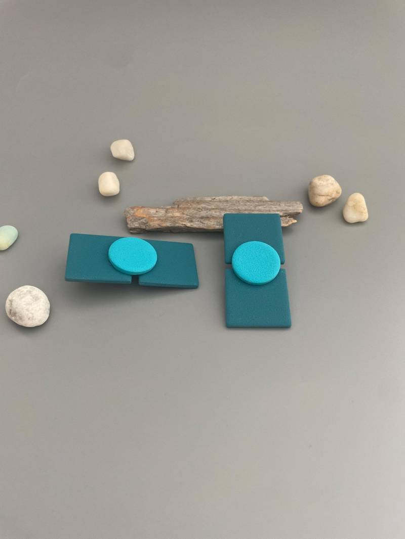 Statement Rectangle Earring Of Polymer Clay Petrol & Turquoise Geometric Big Studs Lightweight Earrings For Special Occasion Vibrant von WowLookAtYou