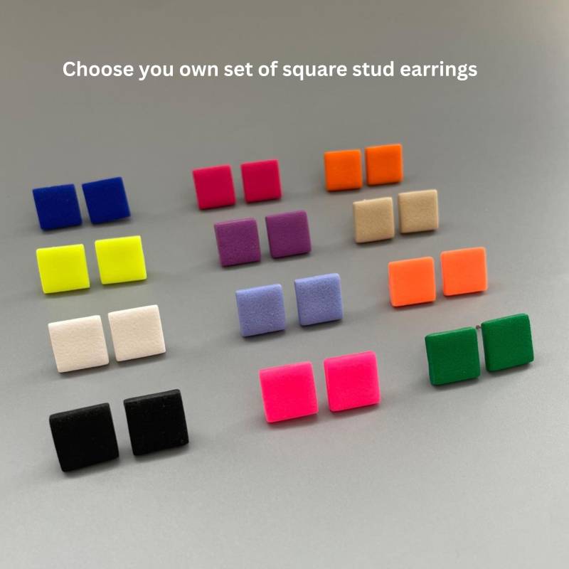 Stud Earrings Set Of Colourful Square Studs Neon Everyday Vibrant Polymer Clay Minimalistic Geometric Rubber Stoppers von WowLookAtYou