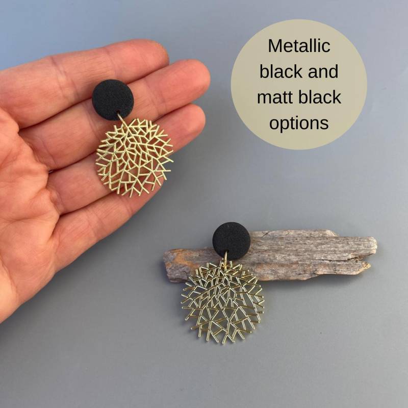 statement Earrings Pearl Black Polymer Clay Golden Abstract Rounds Boho Dangle Black Jewelry Gift For Her Elegant Unique Earrings von WowLookAtYou