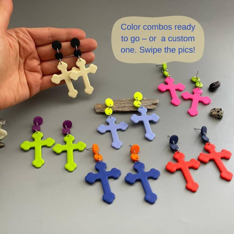 statement Hanging Earrings Colorful Polymer Clay Vibrant Eye-Catching Jewelry Gift Elegant Neon Cross Earring Pink statement Hanging Earrings Colorful Polymer Clay Vibrant Eye-Catching Jewelry Gift Elegant Neon Cross Earring Pink von WowLookAtYou