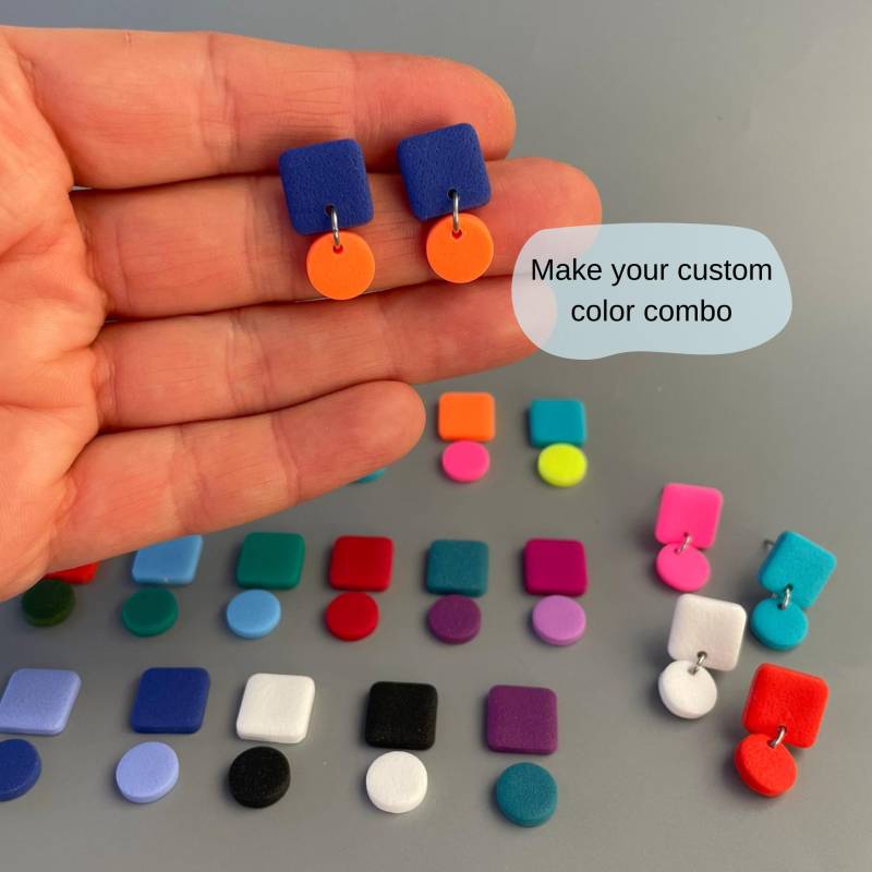 stud Earrings Small Colorful Custom Design For Everyday Of Polymer Clay Geometric Vibrant Jewelry Gift Blue & Orange von WowLookAtYou