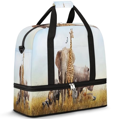 African Safari Animal Travel Duffle Bag for Women Men Animal Giraffe Weekend Overnight Bags Foldable Wet Separated 47L Tote Bag for Sports Gym Yoga, farbe, 47 L, Taschen-Organizer von WowPrint