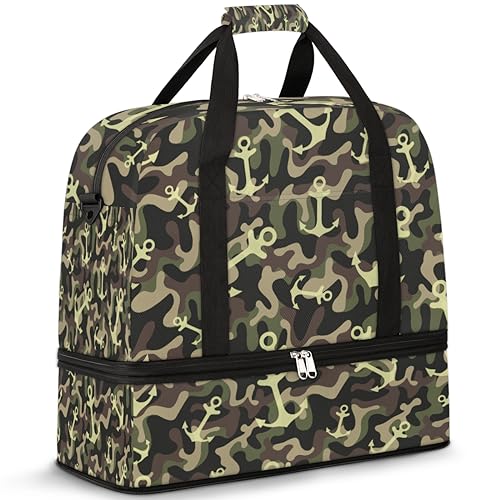 Anchor Camo Travel Duffle Bag for Women Men Green Camo Weekend Overnight Bags Foldable Wet Separated 47L Tote Bag for Sports Gym Yoga, farbe, 47 L, Taschen-Organizer von WowPrint