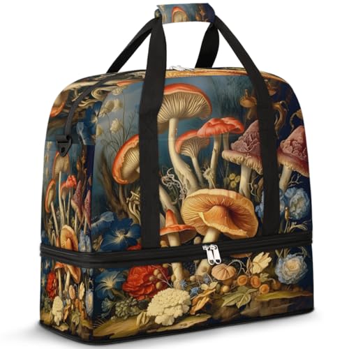 Art Flower Mushroom Travel Duffle Bag for Women Men Weekend Overnight Bags Foldable Wet Separated 47L Tote Bag for Sports Gym Yoga, farbe, 47L, Taschen-Organizer von WowPrint