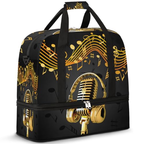 Art Music Note Mikrofon Reise Duffle Bag für Frauen Männer Wochenende Übernachtung Taschen Faltbare Nass Getrennt 47L Tragetasche für Sport Gym Yoga, farbe, 47L, Taschen-Organizer von WowPrint