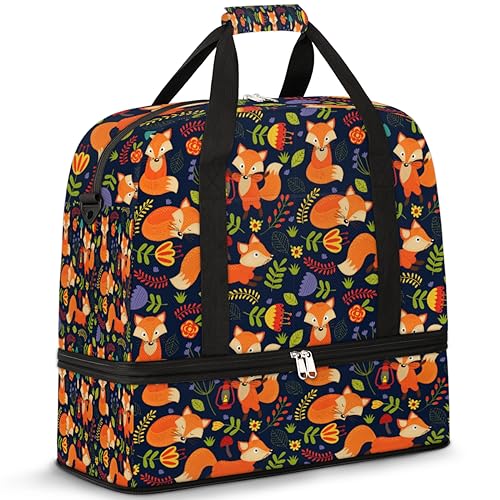 Blumen Niedliche Fuchs Reise Duffle Bag für Damen Herren Fuchs Muster Wochenende Übernachtung Taschen Faltbar Nass Getrennt 47L Tragetasche für Sport Gym Yoga, farbe, 47 L, Taschen-Organizer von WowPrint