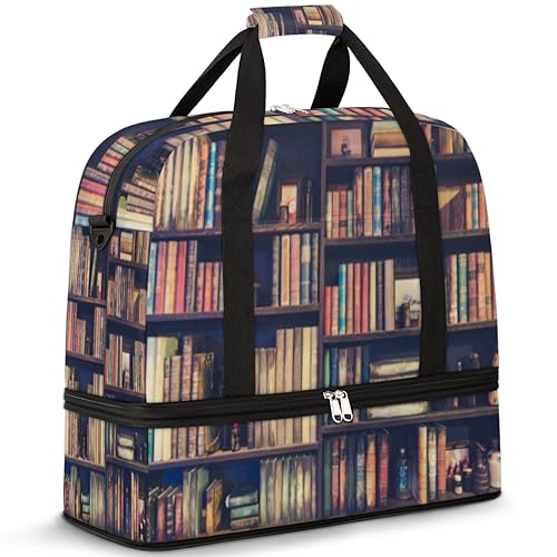 Blurred Old Bookshelf Travel Duffle Bag for Women Men Bookshelf Weekend Overnight Bags Foldable Wet Separated 47L Tote Bag for Sports Gym Yoga, farbe, 47 L, Taschen-Organizer von WowPrint