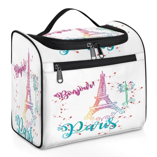 Bonjour Eiffelturm-Reise-Make-up-Tasche für Damen, Herren, Kinder, Mädchen, Jungen, Eiffelturm Paris, 11,2 l, Kosmetiktasche, Kulturbeutel, Kulturbeutel, Organizer, Duschtasche, farbe, 11.2L, von WowPrint