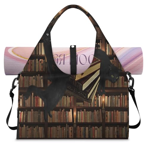 Bücherregal, schwarze Katze, Buch, Sport, Seesack mit Schuhfach, Wochenendtasche, Übernachtungstasche, Tragetasche, Kabinengepäcktasche für Fitnessstudio, Yoga, Reisen, farbe, L, Reisetasche von WowPrint