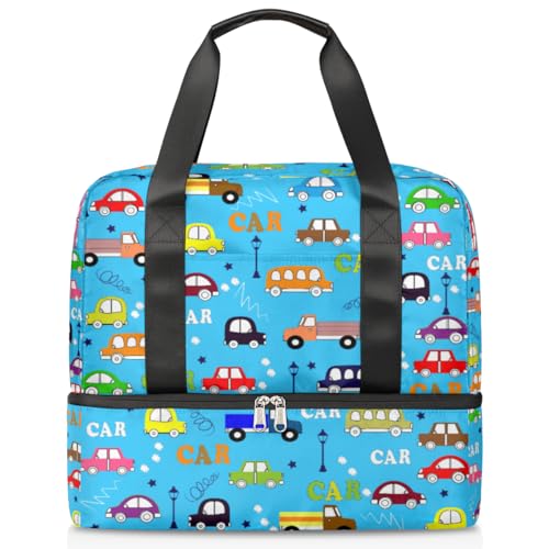 Busse Cartoon Auto Sport Duffle Bag für Damen Herren Jungen Kirls Lustige Auto Wochenende Übernachtung Taschen Nass Getrennt 21L Tragetasche für Reisen Gym Yoga, farbe, 21L, Taschen-Organizer von WowPrint