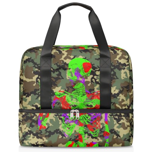 Camo Goth Skull Sports Duffle Bag for Women Men Boys Kirls Green Camo Weekend Overnight Bags Wet Separated 21L Tote Bag for Travel Gym Yoga, farbe, 21L, Taschen-Organizer von WowPrint