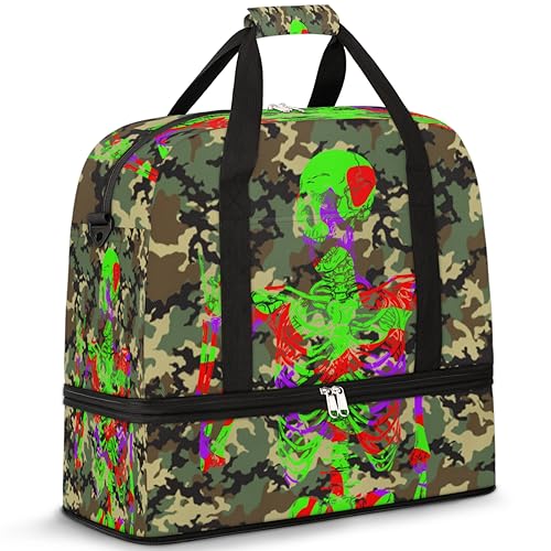 Camo Goth Skull Travel Duffle Bag for Women Men Green Camo Weekend Overnight Bags Foldable Wet Separated 47L Tote Bag for Sports Gym Yoga, farbe, 47 L, Taschen-Organizer von WowPrint