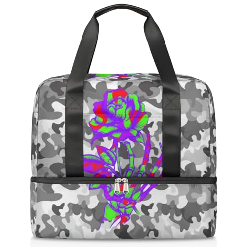 Camo Grey Sports Duffle Bag for Women Men Boys Kirls Camo Skull Rose Weekend Overnight Bags Wet Separated 21L Tote Bag for Travel Gym Yoga, farbe, 21L, Taschen-Organizer von WowPrint