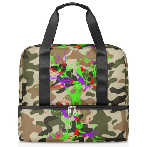 Camouflage Baum Schädel Sport Duffle Bag für Damen Herren Jungen Kirls Camo Wochenende Übernachtung Taschen Nass Getrennt 21L Tragetasche für Reisen Gym Yoga, farbe, 21L, Taschen-Organizer von WowPrint