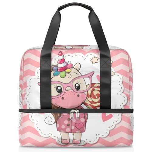 Cartoon Einhorn Sport Duffle Bag für Damen Herren Jungen Kirls Niedliches Einhorn Wochenende Übernachtung Taschen Nass Getrennt 21L Tragetasche für Reisen Gym Yoga, farbe, 21L, Taschen-Organizer von WowPrint