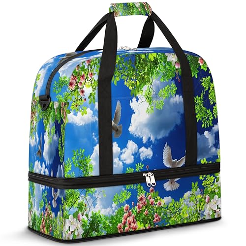 Cherry Blossom Pigeon Spring Plant Travel Duffle Bag for Women Men Spring Theme Weekend Overnight Bags Foldable Wet Separated 47L Tote Bag for Sports Gym Yoga, farbe, 47 L, Taschen-Organizer von WowPrint