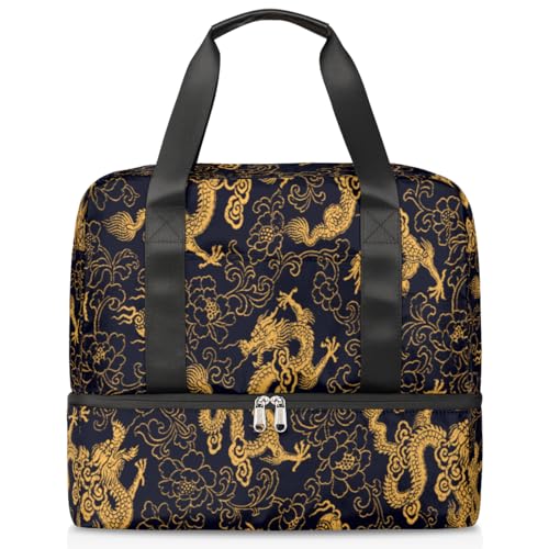 Chinesische Vintage Drache Sport Duffle Bag für Damen Herren Jungen Kirls Drachen Wochenende Übernachtung Taschen nass getrennt 21L Tragetasche für Reisen Gym Yoga, farbe, 21L, Taschen-Organizer von WowPrint